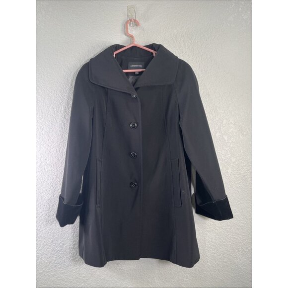 London Fog Rain Coat Womens Sz L Black Mid Length All Weather Velvet Cuff Trench - Picture 1 of 9